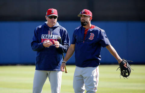 Feb 26, 2017; Port Charlotte, FL, USA; Boston Red Sox bench coach Gary Disarcina (10) talks with third baseman Deven Marrero (17) prior to the game against the Tampa Bay Rays at Charlotte Sports Park. Mandatory Credit: Kim Klement-USA TODAY Sports