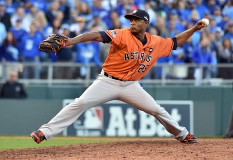 Oct 9, 2015; Kansas City, MO, USA; Houston Astros relief pitcher Tony Sipp throws a pitch against the Kansas City Royals in the 7th inning in game two of the ALDS at Kauffman Stadium. Mandatory Credit: Peter G. Aiken-USA TODAY Sports