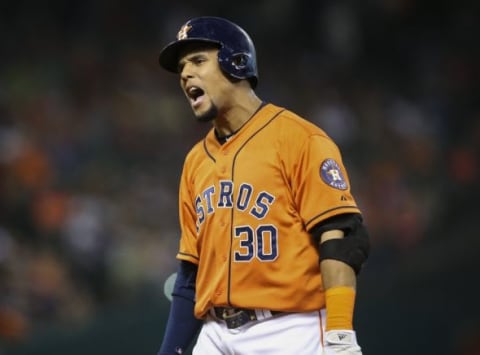 Aug 21, 2015; Houston, TX, USA; Houston Astros center fielder  (30) reacts after getting a single during the first inning against the Los Angeles Dodgers at Minute Maid Park. Mandatory Credit: Troy Taormina-USA TODAY Sports