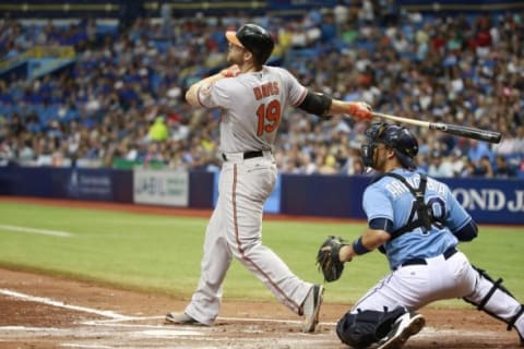 Sep 20, 2015; St. Petersburg, FL, USA; Baltimore Orioles designated hitter Chris Davis (19) hits a 2-run home run during the third inning against the Tampa Bay Rays at Tropicana Field. Mandatory Credit: Kim Klement-USA TODAY Sports