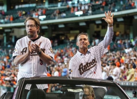 Aug 15, 2015; Houston, TX, USA; Houston Astros former players Jeff Bagwell (left) and Craig Biggio (right) before a game against the Detroit Tigers at Minute Maid Park. Mandatory Credit: Troy Taormina-USA TODAY Sports