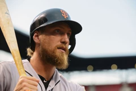 Aug 17, 2015; St. Louis, MO, USA; San Francisco Giants right fielder Hunter Pence (8) looks on during the first inning against the St. Louis Cardinals at Busch Stadium. Mandatory Credit: Jeff Curry-USA TODAY Sports