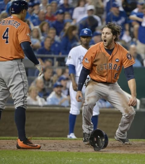 Oct 8, 2015; Kansas City, MO, USA; Houston Astros center fielder Jake Marisnick (6) reacts after scoring a run against the Kansas City Royals in the second inning in game one of the ALDS at Kauffman Stadium. Mandatory Credit: Denny Medley-USA TODAY Sports