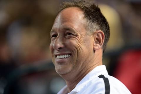 Apr 22, 2015; Phoenix, AZ, USA; Arizona Diamondbacks special assistant to the president & ceo Luis Gonzalez looks on against the Texas Rangers at Chase Field. Mandatory Credit: Joe Camporeale-USA TODAY Sports