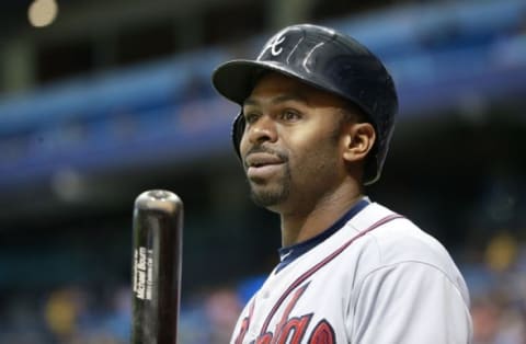 Aug 12, 2015; St. Petersburg, FL, USA; Atlanta Braves left fielder Michael Bourn (2) on deck to bat during the first inning against the Tampa Bay Rays at Tropicana Field. Mandatory Credit: Kim Klement-USA TODAY Sports