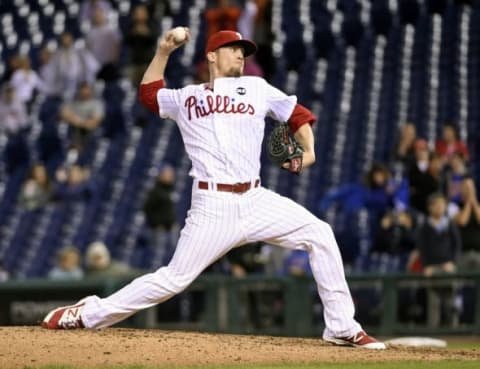 Sep 30, 2015; Philadelphia, PA, USA; Philadelphia Phillies relief pitcher Giles (53) throws a pitch during the ninth inning against the New York Mets at Citizens Bank Park. The Phillies defeated the Mets, 7-5. Mandatory Credit: Eric Hartline-USA TODAY Sports