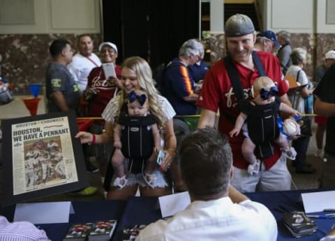 Aug 15, 2015; Houston, TX, USA; Former Houston Astros player Morgan Ensberg signs autographs for fans before a game against the Detroit Tigers at Minute Maid Park. Mandatory Credit: Troy Taormina-USA TODAY Sports