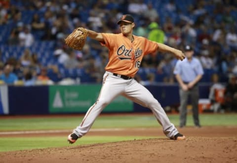 Sep 19, 2015; St. Petersburg, FL, USA; Baltimore Orioles starting pitcher Wei-Yin Chen (16) throws a pitch during the seventh inning against the Tampa Bay Rays at Tropicana Field. Mandatory Credit: Kim Klement-USA TODAY Sports