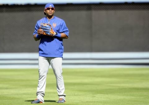 October 8, 2015; Los Angeles, CA, USA; New York Mets center fielder Yoenis Cespedes (52) during workouts before game one of the NLDS at Dodger Stadium. Mandatory Credit: Gary A. Vasquez-USA TODAY Sports