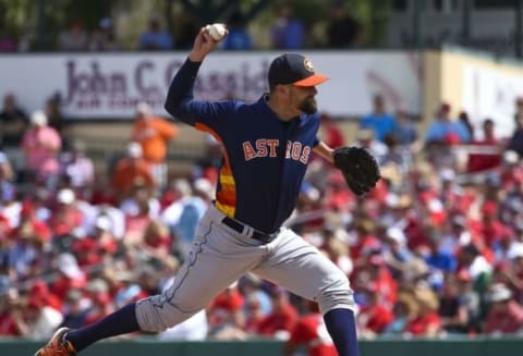 Mar 12, 2016; Jupiter, FL, USA; Houston Astros relief pitcher Pat Neshek (37) delivers a pitch against the St. Louis Cardinals during the game at Roger Dean Stadium. The Cardinals defeated the Astros 4-3. Mandatory Credit: Scott Rovak-USA TODAY Sports