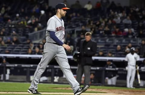 Apr 6, 2016; Bronx, NY, USA; Houston Astros starting pitcher Collin McHugh (31) walks off the field after beng relieved against the New York Yankees during the first inning at Yankee Stadium. Mandatory Credit: Adam Hunger-USA TODAY Sports