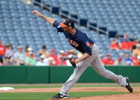 Mar 3, 2016; Clearwater, FL, USA; Houston Astros starting pitcher Doug Fister (58) throws a pitch in the first inning of the spring training game against the Philadelphia Phillies at Bright House Field. Mandatory Credit: Jonathan Dyer-USA TODAY Sports