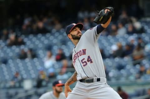 Apr 7, 2016; Bronx, NY, USA; Houston Astros starting pitcher Mike Fiers (54) pitches against the New York Yankees during the first inning at Yankee Stadium. Mandatory Credit: Anthony Gruppuso-USA TODAY Sports