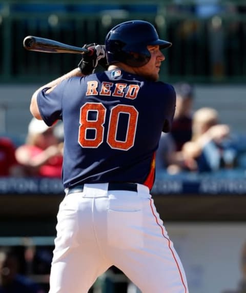 Mar 4, 2016; Kissimmee, FL, USA; Houston Astros first baseman A.J. Reed (80) stands to bat against the St. Louis Cardinals during the seventh inning at Osceola County Stadium. Mandatory Credit: Butch Dill-USA TODAY Sports