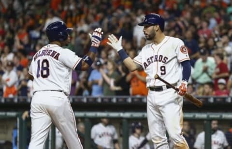 May 25, 2016; Houston, TX, USA; Houston Astros third baseman Luis Valbuena (18) celebrates with first baseman Marwin Gonzalez (9) after hitting a home run during the sixth inning against the Baltimore Orioles at Minute Maid Park. Mandatory Credit: Troy Taormina-USA TODAY Sports