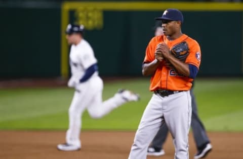 Apr 27, 2016; Seattle, WA, USA; Houston Astros relief pitcher Tony Sipp (29) stands on the mound after surrendering a solo-home run to Seattle Mariners designated hitter Adam Lind (26, background) during the sixth inning at Safeco Field. Mandatory Credit: Joe Nicholson-USA TODAY Sports