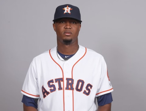 Feb 24, 2016; Kissimmee, FL, USA; Houston Astros pitcher J Gustave (67) during media day for the Houston Astros at Osceola Heritage Park. Mandatory Credit: Reinhold Matay-USA TODAY Sports