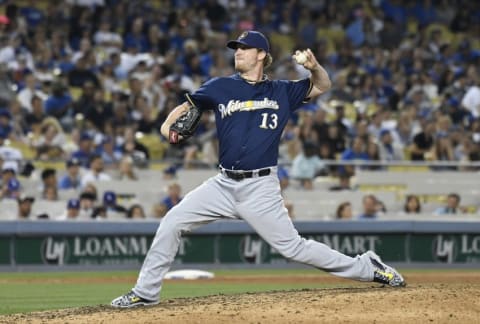 Jun 17, 2016; Los Angeles, CA, USA; Milwaukee Brewers relief pitcher Will Smith (13) pitches against the Los Angeles Dodgers during the ninth inning at Dodger Stadium. Mandatory Credit: Richard Mackson-USA TODAY Sports