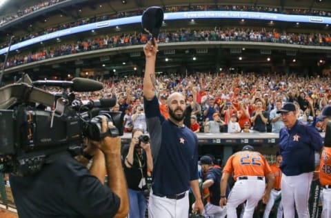 Aug 21, 2015; Houston, TX, USA; Houston Astros starting pitcher Mike Fiers (54) waves to the crowd after pitching a no-hitter against the Los Angeles Dodgers at Minute Maid Park. The Astros defeated the Dodgers 3-0. Mandatory Credit: Troy Taormina-USA TODAY Sports