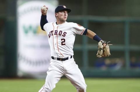 Aug 1, 2016; Houston, TX, USA; Houston Astros third baseman Alex Bregman (2) throws out a runner at first base during the third inning against the Toronto Blue Jays at Minute Maid Park. Mandatory Credit: Troy Taormina-USA TODAY Sports