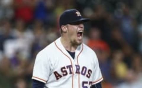 Aug 1, 2016; Houston, TX, USA; Houston Astros relief pitcher Ken Giles (53) reacts after getting a strikeout during the eighth inning against the Toronto Blue Jays at Minute Maid Park. Mandatory Credit: Troy Taormina-USA TODAY Sports