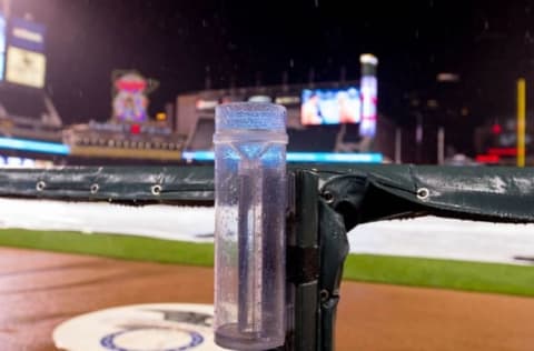 Aug 10, 2016; Minneapolis, MN, USA; The game between the Minnesota Twins and Houston Astros is under a rain delay in the third inning at Target Field. Mandatory Credit: Brad Rempel-USA TODAY Sports