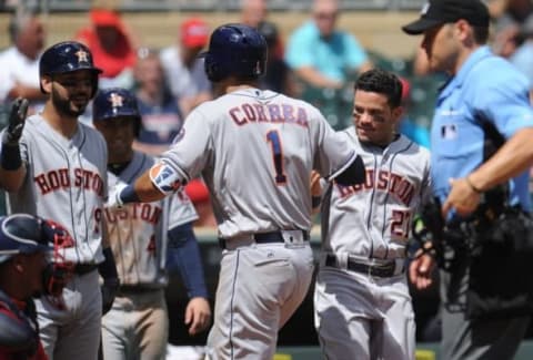 Aug 11, 2016; Minneapolis, MN, USA; Houston Astros shortstop Carlos Correa (1) scores during the fifth inning against the Minnesota Twins at Target Field. Mandatory Credit: Marilyn Indahl-USA TODAY Sports