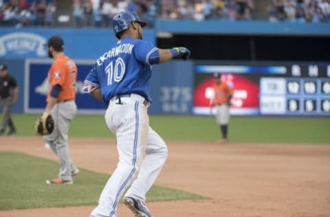 Aug 14, 2016; Toronto, Ontario, CAN; Toronto Blue Jays designated hitter Edwin Encarnacion (10) runs the bases after hitting a home run during the seventh inning in a game against the Houston Astros at Rogers Centre. The Toronto Blue Jays won 9-2. Mandatory Credit: Nick Turchiaro-USA TODAY Sports