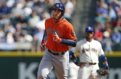 Sep 18, 2016; Seattle, WA, USA; Houston Astros right fielder George Springer (4) runs the bases after hitting a solo home run against the Seattle Mariners during the third inning at Safeco Field. Mandatory Credit: Joe Nicholson-USA TODAY Sports