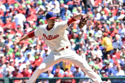 Apr 17, 2016; Philadelphia, PA, USA; Philadelphia Phillies starting pitcher Charlie Morton (47) throws a pitch during the first inning against the Washington Nationals at Citizens Bank Park. Mandatory Credit: Eric Hartline-USA TODAY Sports