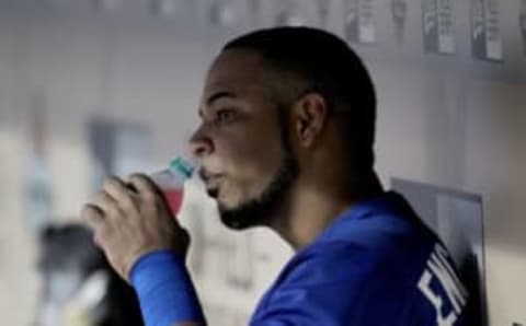 May 17, 2015; Houston, TX, USA; Toronto Blue Jays first baseman Edwin Encarnacion (10) in the dugout between the second and third inning while playing against the Houston Astros at Minute Maid Park. Mandatory Credit: Thomas B. Shea-USA TODAY Sports