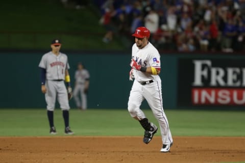 Sep 2, 2016; Arlington, TX, USA; Texas Rangers right fielder Carlos Beltran (36) runs around the bases after hitting a home run in the fourth inning against the Houston Astros at Globe Life Park in Arlington. Mandatory Credit: Sean Pokorny-USA TODAY Sports