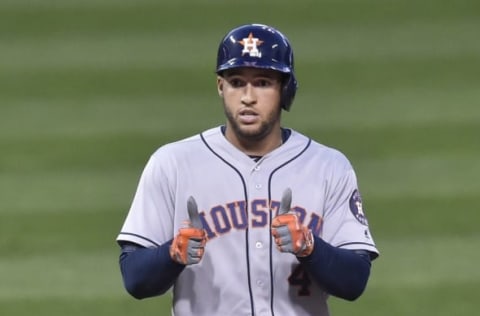 Sep 6, 2016; Cleveland, OH, USA; Houston Astros right fielder George Springer (4) celebrates his double in the third inning against the Cleveland Indians at Progressive Field. Mandatory Credit: David Richard-USA TODAY Sports