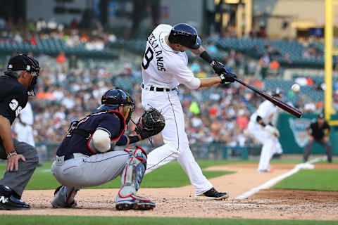 DETROIT, MI – JULY 27: Nicholas Castellanos #9 of the Detroit Tigers hits a RBI double in the third inning in front of Yan Gomes #7 of the Cleveland Indians at Comerica Park on July 27, 2018 in Detroit, Michigan. (Photo by Gregory Shamus/Getty Images)