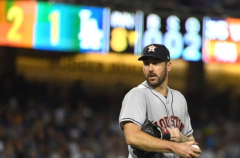 LOS ANGELES, CA – AUGUST 03: Justin Verlander #35 of the Houston Astros on the mound after two outs in the eighth inning of the game against the Los Angeles Dodgers at Dodger Stadium on August 3, 2018 in Los Angeles, California. (Photo by Jayne Kamin-Oncea/Getty Images)