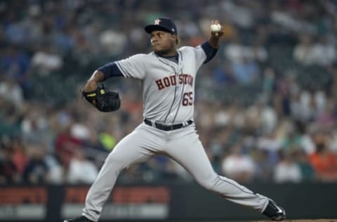 SEATTLE, WA – AUGUST 21: Reliever Framber Valdez #65 of the Houston Astros delivers a pitch during the third inning of a game against the Seattle Mariners at Safeco Field on August 21, 2018 in Seattle, Washington. (Photo by Stephen Brashear/Getty Images)