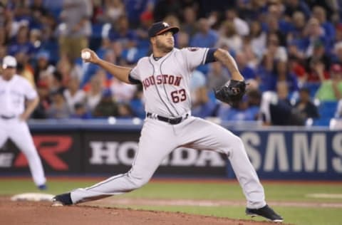 TORONTO, ON – SEPTEMBER 25: Josh James #63 of the Houston Astros delivers a pitch in the first inning during MLB game action against the Toronto Blue Jays at Rogers Centre on September 25, 2018 in Toronto, Canada. (Photo by Tom Szczerbowski/Getty Images)