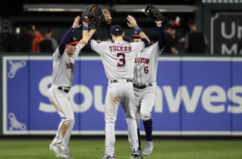 BALTIMORE, MD – SEPTEMBER 29: Myles Straw #26, Kyle Tucker #3, and Jake Marisnick #6 of the Houston Astros celebrate after the Astros defeated the Baltimore Orioles 5-2 during Game Two of a doubleheader at Oriole Park at Camden Yards on September 29, 2018 in Baltimore, Maryland. (Photo by Patrick McDermott/Getty Images)