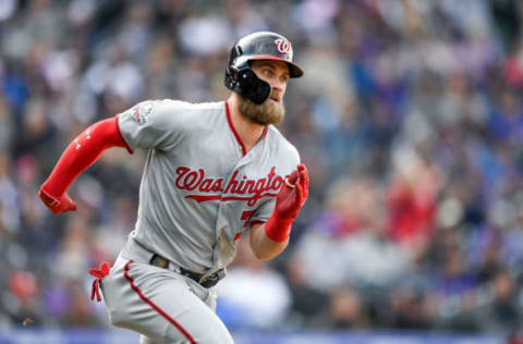 DENVER, CO – SEPTEMBER 30: Bryce Harper #34 of the Washington Nationals runs out a ninth inning double against the Colorado Rockies at Coors Field on September 30, 2018 in Denver, Colorado. (Photo by Dustin Bradford/Getty Images)