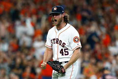 HOUSTON, TX – OCTOBER 06: Gerrit Cole #45 of the Houston Astros reacts after a strikeout in the sixth inning against the Cleveland Indians during Game Two of the American League Division Series at Minute Maid Park on October 6, 2018 in Houston, Texas. (Photo by Bob Levey/Getty Images)