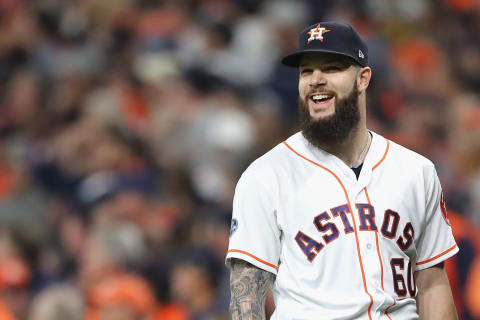 HOUSTON, TX – OCTOBER 16: Dallas Keuchel #60 of the Houston Astros reacts in the third inning as a play is reviewed against the Boston Red Sox during Game Three of the American League Championship Series at Minute Maid Park on October 16, 2018 in Houston, Texas. (Photo by Elsa/Getty Images)