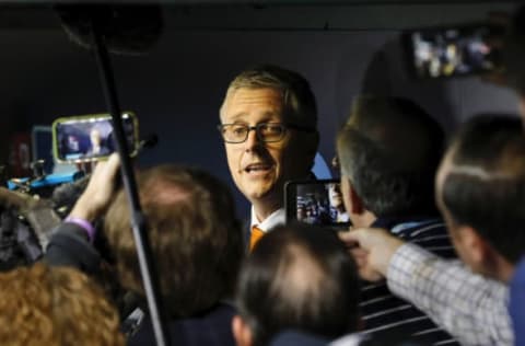 HOUSTON, TX – OCTOBER 17: President of Baseball Operations and General Manager of the Houston Astros Jeff Luhnow addresses the media prior to the Game Four of the American League Championship Series against the Boston Red Sox at Minute Maid Park on October 17, 2018 in Houston, Texas. (Photo by Tim Warner/Getty Images)