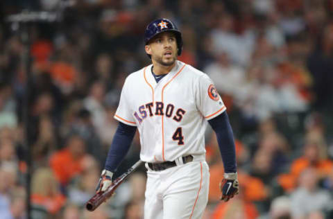 HOUSTON, TX – OCTOBER 18: George Springer #4 of the Houston Astros reacts after striking out in the first inning against the Boston Red Sox during Game Five of the American League Championship Series at Minute Maid Park on October 18, 2018 in Houston, Texas. (Photo by Elsa/Getty Images)