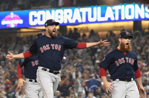 LOS ANGELES, CA – OCTOBER 28: Heath Hembree #37 and Craig Kimbrel #46 of the Boston Red Sox celebrate defeating the Los Angeles Dodgers 5-1 in Game Five of the 2018 World Series at Dodger Stadium on October 28, 2018 in Los Angeles, California. (Photo by Harry How/Getty Images)