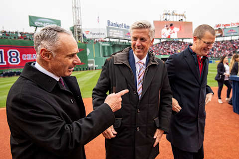 BOSTON, MA – APRIL 9: Major League Baseball Commissioner Rob Manfred speaks with President of Baseball Operations Dave Dombrowski and President & CEO Sam Kennedy of the Boston Red Sox during a 2018 World Series championship ring ceremony before the Opening Day game against the Toronto Blue Jays on April 9, 2019 at Fenway Park in Boston, Massachusetts. (Photo by Billie Weiss/Boston Red Sox/Getty Images)