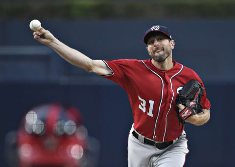 SAN DIEGO, CA – JUNE 8: Max Scherzer #31 of the Washington Nationals pitches during the first inning of a baseball game against the San Diego Padres at Petco Park June 8, 2019 in San Diego, California. (Photo by Denis Poroy/Getty Images)