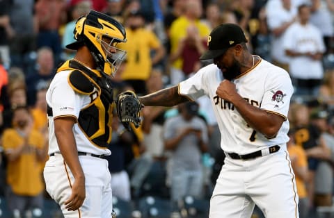 PITTSBURGH, PA – JUNE 22: Felipe Vazquez #73 of the Pittsburgh Pirates celebrates with Elias Diaz #32 after the final out in a 6-3 win over the San Diego Padres at PNC Park on June 22, 2019 in Pittsburgh, Pennsylvania. (Photo by Justin Berl/Getty Images)