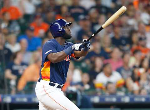 HOUSTON, TEXAS – JUNE 09: Yordan Alvarez #44 of the Houston Astros flies out to left field in the second inning against the Baltimore Orioles at Minute Maid Park on June 09, 2019 in Houston, Texas. (Photo by Bob Levey/Getty Images)