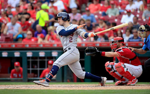 CINCINNATI, OHIO – JUNE 19: Alex Bregman #2 of the Houston Astros hits a single in the sixth inning against the Cincinnati Reds at Great American Ball Park on June 19, 2019 in Cincinnati, Ohio. (Photo by Andy Lyons/Getty Images)