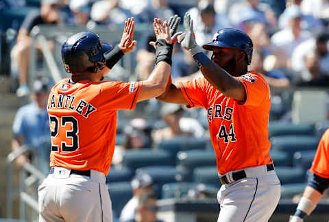 NEW YORK, NEW YORK – JUNE 23: Yordan Alvarez #44 of the Houston Astros celebrates his fifth inning two run home run against the New York Yankees with teammate Michael Brantley #23 at Yankee Stadium on June 23, 2019 in New York City. (Photo by Jim McIsaac/Getty Images)